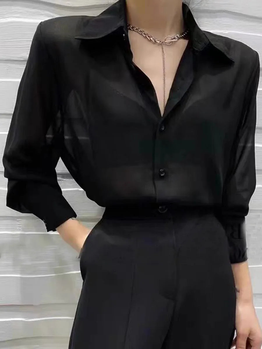 Sun-proof Transparent Shirt Female Mesh Long Sleeve Top Solid Color Summer Loose Chiffon Blouse Korean Fashion Cardigan Ladies black