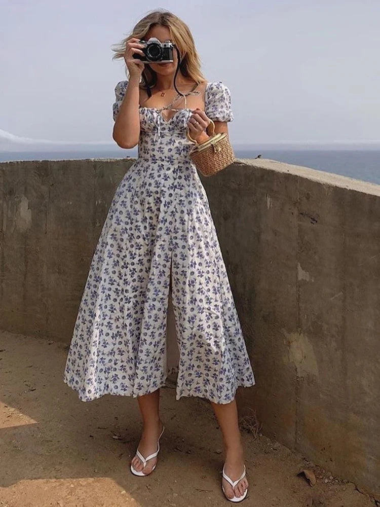 Summer Women Puff Sleeve Floral Printed Dress,Long Dresses,Woman Clothing,Dress Women,Women's Elegant Dresses,Sexy Costume Women Blue