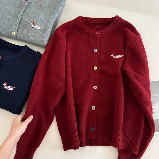 Women Knitwear Chic Embroidery Loose Casual Cardigan Autumn Winter Soft Elegant O-neck Sweaters Commute Basic Knitted Tops