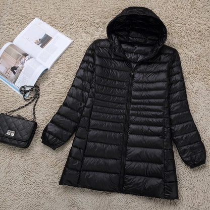 Plus Size 5XL 6XL 7XL Women's Hooded Puffer Jackets 2023 New Arrivals Female Ultra Lightweight Packable Warm Slim Fit Down Coat black