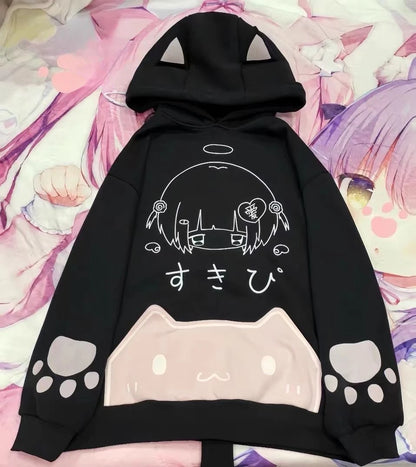 Japanese Cartoon Print Fleece Hoodies Women Harajuku Gothic Cat Ears Hooded Vintage Hoody Streetwear Y2k Aesthetic Sweatshirt
