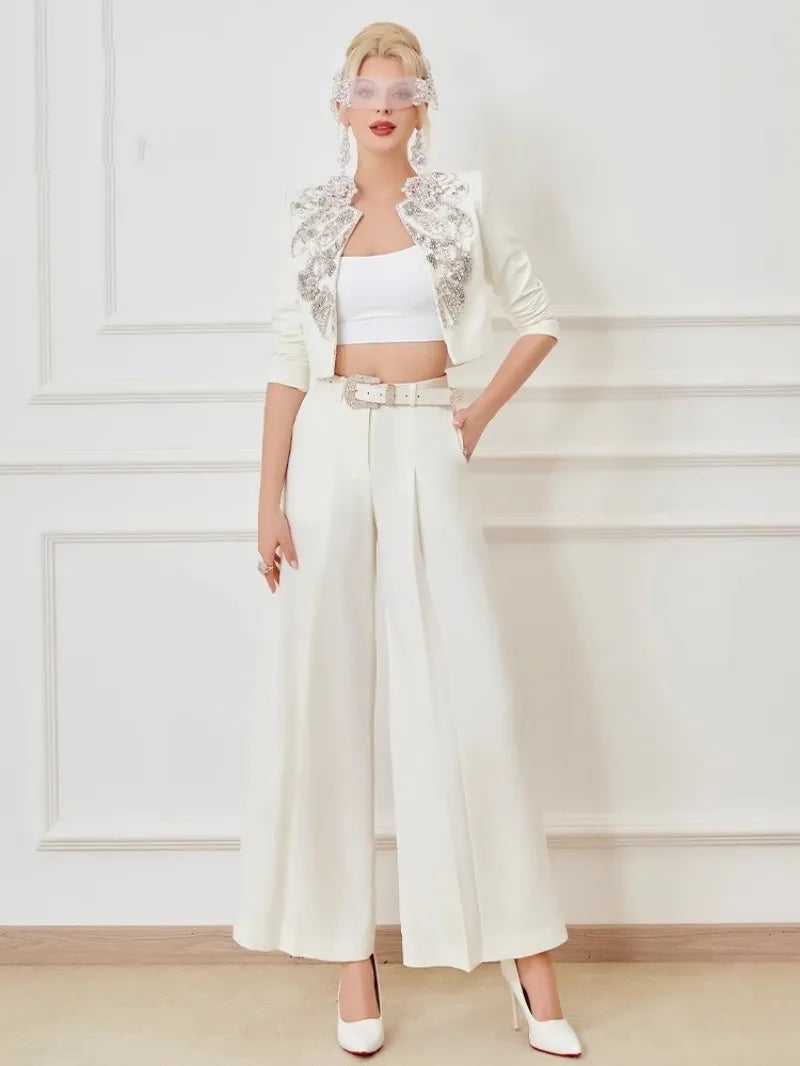 Elegant Office Ladies Designer Handmade Diamonds Slim Fit Short Jacket Hgih Waist Wide Leg Pants Women Two Piece Set Size S-5XL Badiee Stylez