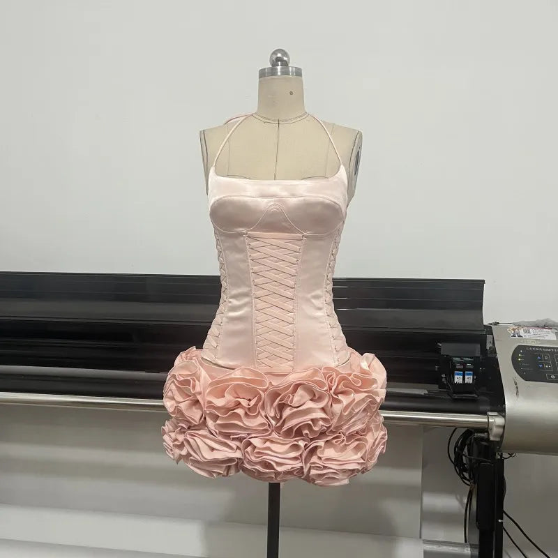 Pink Prom Dress Strapless Pink Structured Top With Floral Embellished Mini Skirt Bodycon Celebrity Party Cocktail 2 Pieces Set