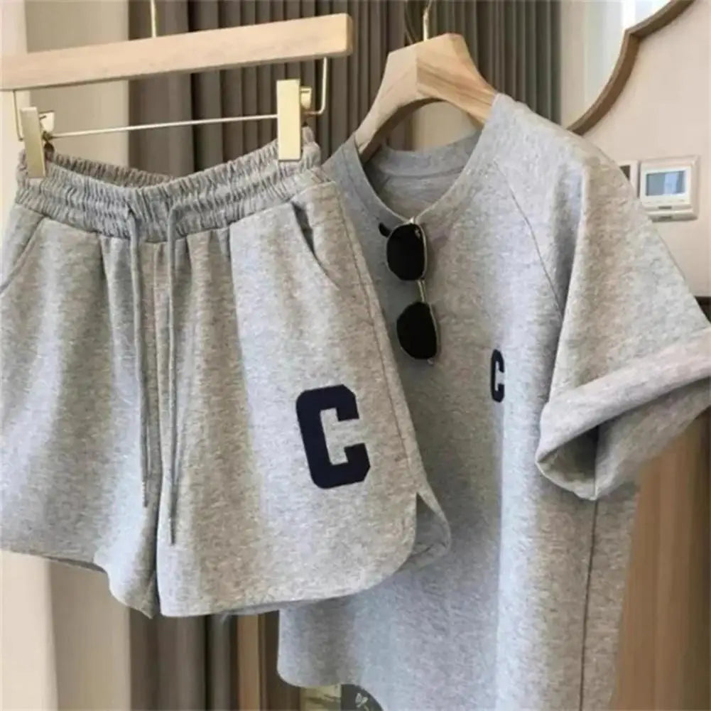 Women Tracksuit C Letter Print Short Sleeve T-shirt Drawstring Shorts Sport Suit Lady Exercise T-shirt Shorts Two-piece Suit