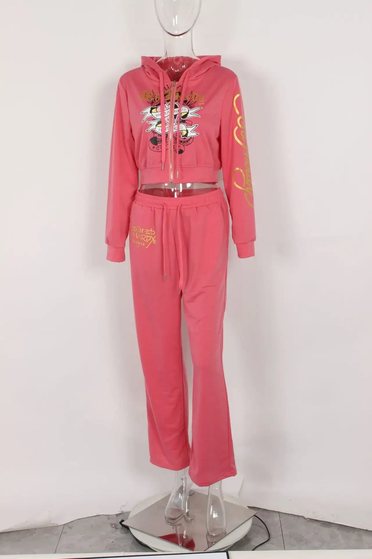 Bangniweigou Skull Love Print Zipper Short Cardigan + High Waist Straight Leg Pants Two Piece Set Women Tracksuit Autumn Winter pink