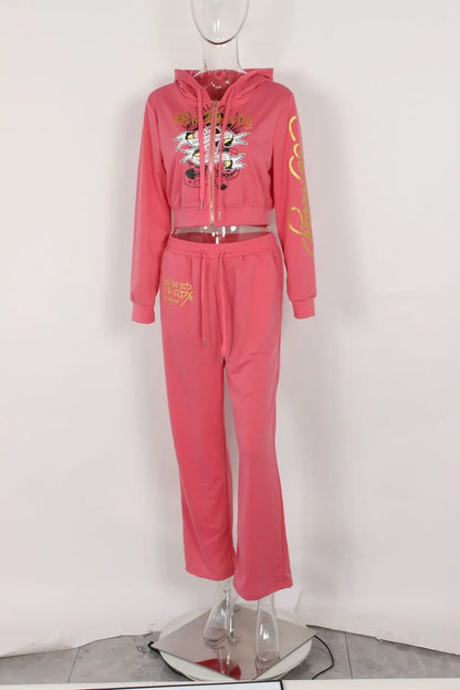 Bangniweigou Skull Love Print Zipper Short Cardigan + High Waist Straight Leg Pants Two Piece Set Women Tracksuit Autumn Winter pink