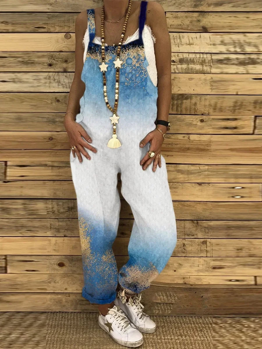 Women Overalls Summer Jumpsuits Thin Vintage Sweet Print Suspenders Loose Female Casual Large Size New Straight-leg Pants 11