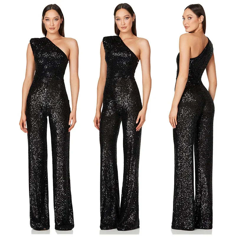 Women Elegant Long Jumpsuits Sexy Glitter Sequin Club Ladies Playsuits Slanted Collar Party Fashion Backless Solid Romper 2024 Badiee Stylez