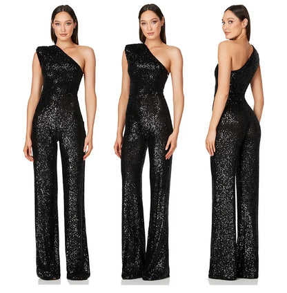 Women Elegant Long Jumpsuits Sexy Glitter Sequin Club Ladies Playsuits Slanted Collar Party Fashion Backless Solid Romper 2024 Badiee Stylez