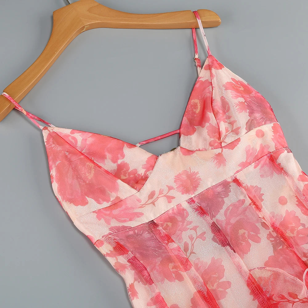 Summer New 2024 Women Sexy V Neck Backless Flower Chiffon Maxi Gowns Dress Split Celebrity Cut Out Beach Maxi Dress