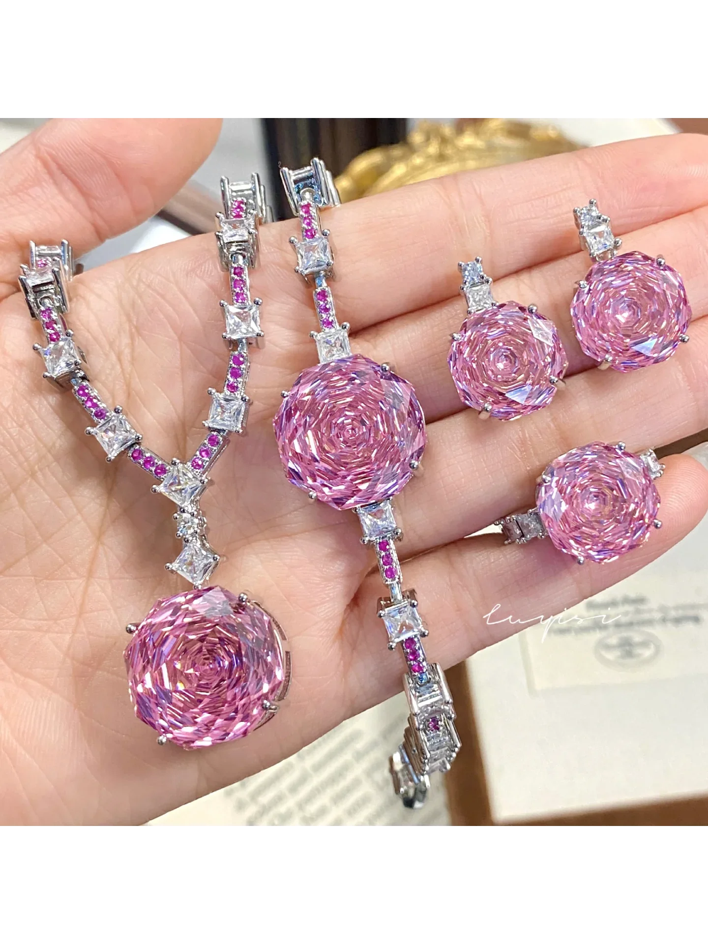 High Quality Rose Purple Pink Crystal Zircon Jewelry Set Necklace for Women Earrings Ring Bracelet Wedding Banquet Party Holiday Badiee Stylez