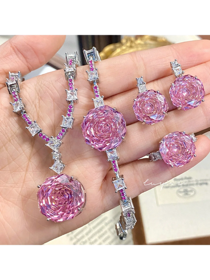 High Quality Rose Purple Pink Crystal Zircon Jewelry Set Necklace for Women Earrings Ring Bracelet Wedding Banquet Party Holiday Badiee Stylez