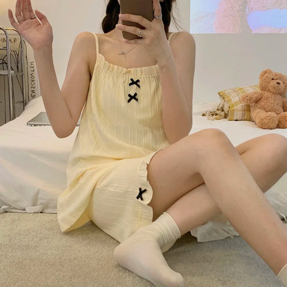 Summer Ins Sle Women's Cotton Spwear Sweet Strap ort Pants Home Clothes Sexy Cute Japanese Sle Pure Desire Home Clothes Bow-sling set
