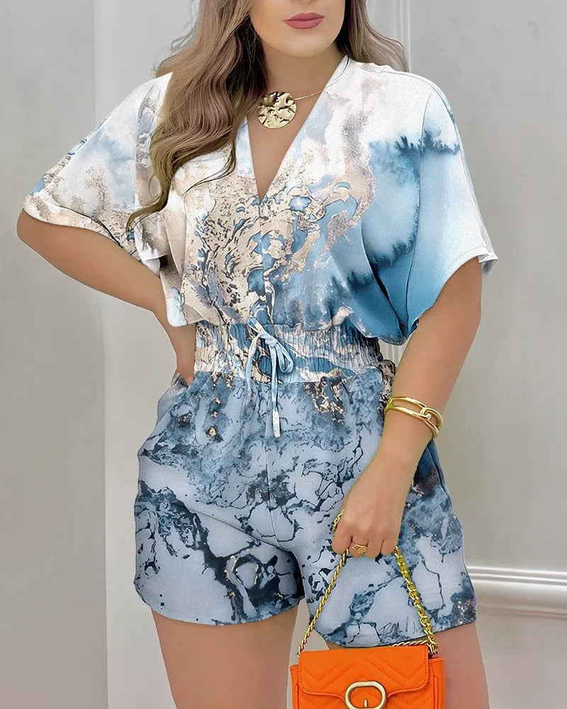 Jumpsuit Women Summer Women Loose Casual Printing Jumpsuit 2024Elegant Women Fashion V-neck Short Sleeve Waist Shorts Jumpsuit