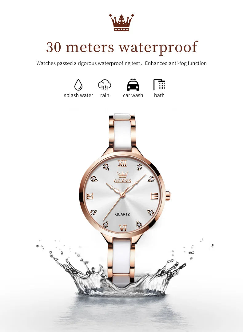 OLEVS Luxury Brand Women's Watches Elegant Fashion Ceramic strip Waterproof Japan Imports Quartz Watch Dress Lady Watch Simple