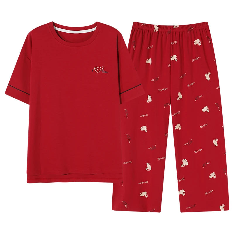 Newest Summer Casual Pajamas Set Women 100% Cotton Sleepwear Female Short Top+Calf-Length Pant Pyjamas