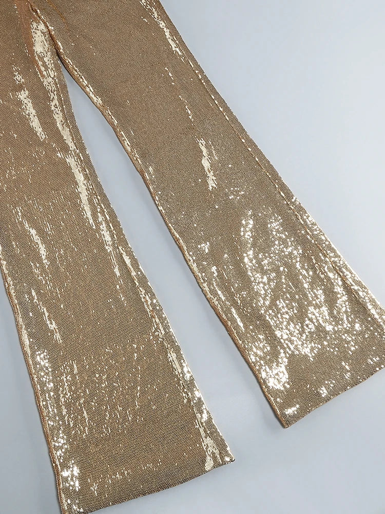 Women's Sleeveless Gold Sequin Jumpsuit Sexy V Neck Sparkle Sequined High Waist Wide Leg Pants Jumpsuit Celebrity Evening Party Badiee Stylez
