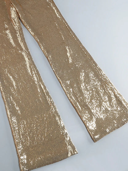 Women's Sleeveless Gold Sequin Jumpsuit Sexy V Neck Sparkle Sequined High Waist Wide Leg Pants Jumpsuit Celebrity Evening Party Badiee Stylez