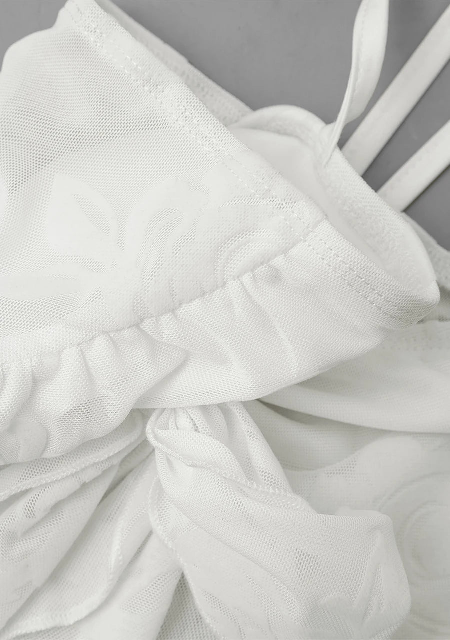 Women's Fashion Ruffle Irregular Hem Mesh Flower Flocking Sexy Front Chest Bow Tie Halter Neck Suspender Top