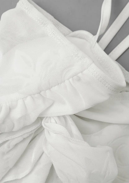 Women's Fashion Ruffle Irregular Hem Mesh Flower Flocking Sexy Front Chest Bow Tie Halter Neck Suspender Top