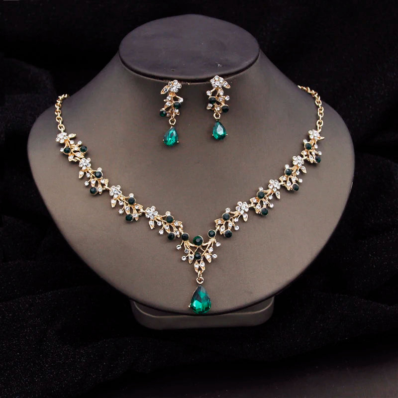 Gorgeous Crystal Fashion Jewelry Sets for Women Luxury Choker Necklace Earrings Prom Wedding Dress Bridal Necklace Sets Green