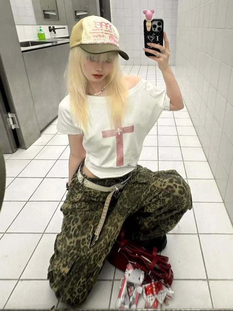 Tawaaiw Gothic Print Cross T Shirt Women Off Shoulder Short Sleeve Graphic Tee Female Clothing Korean Fashion 2000s Clothes Y2k