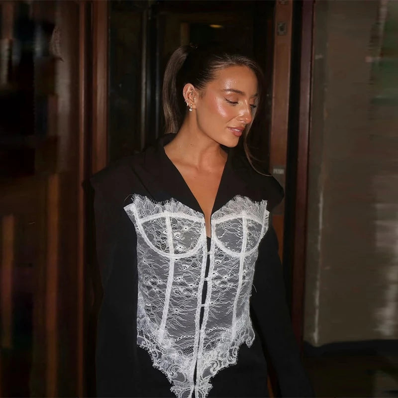 New Design Lace Patchwork Suit Jacket Women Retro Chic V-neck Single Breasted Waist-cinching Jackets Female High Street Outwear black