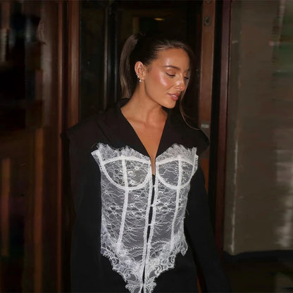 New Design Lace Patchwork Suit Jacket Women Retro Chic V-neck Single Breasted Waist-cinching Jackets Female High Street Outwear black