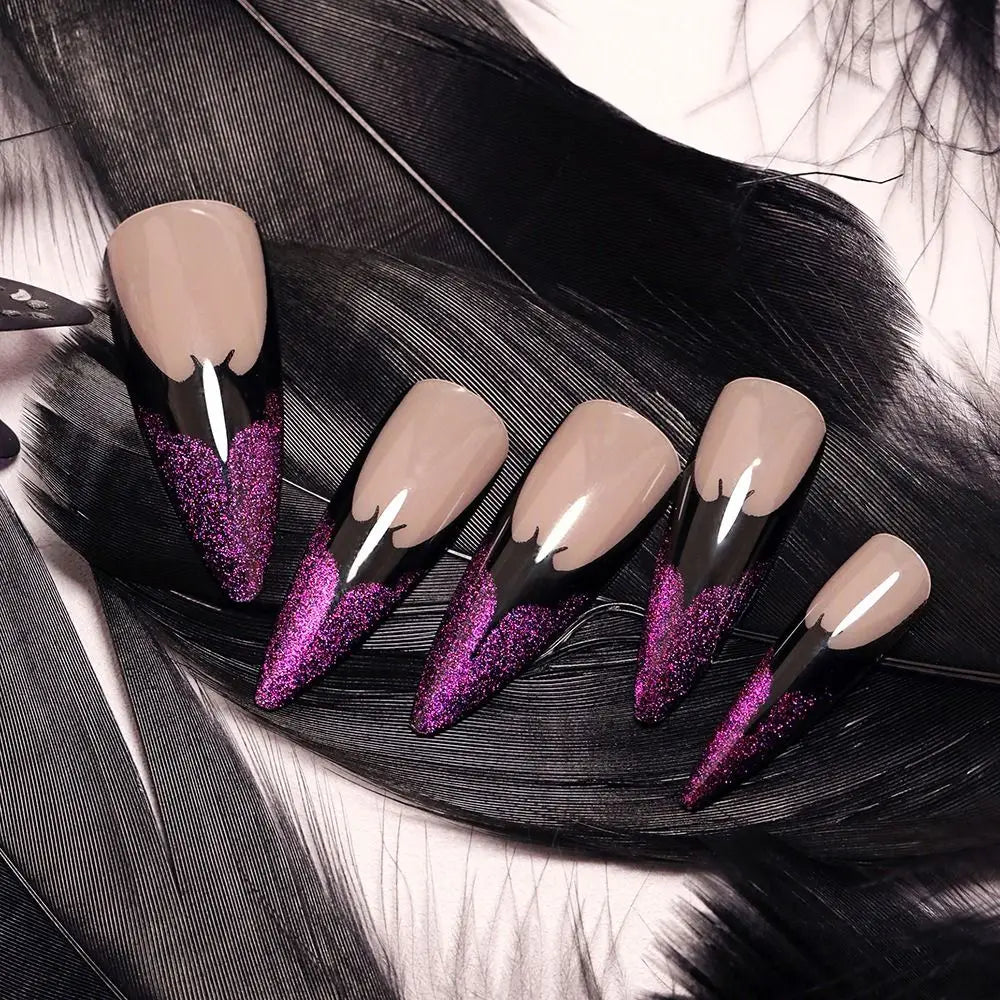 24pcs Manicure Long Almond False Nails Stiletto Ballerina Fake Nials Detachable Halloween Bat French Nail Tips DIY