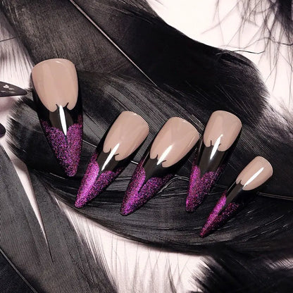 24pcs Manicure Long Almond False Nails Stiletto Ballerina Fake Nials Detachable Halloween Bat French Nail Tips DIY