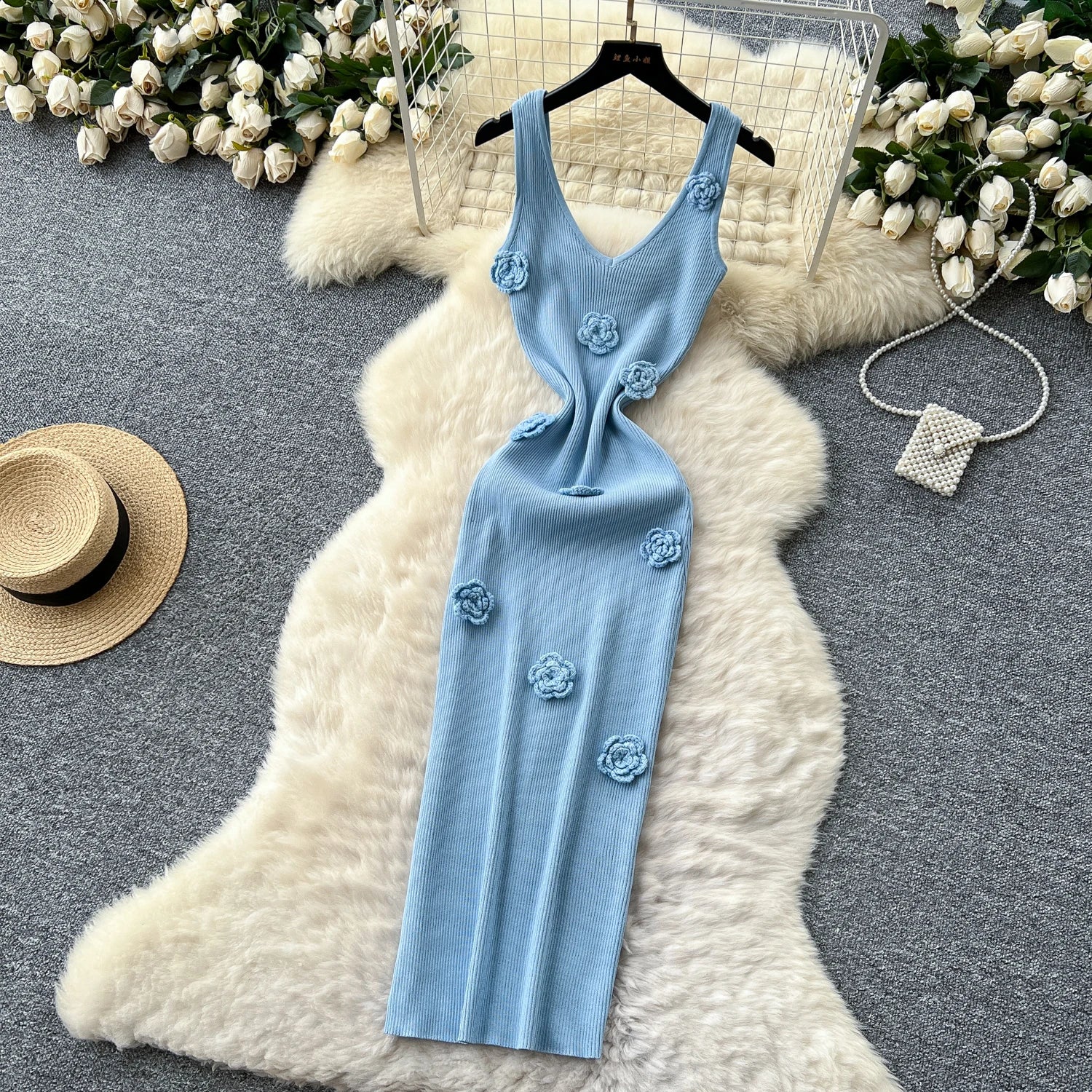 SINGREINY Knitted 3D Flower Chic Dress Sleeveless Slim Solid Elastic Sundress Women Summer Casual Fashion Bodycon Long Dresses