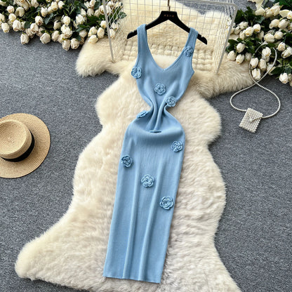 SINGREINY Knitted 3D Flower Chic Dress Sleeveless Slim Solid Elastic Sundress Women Summer Casual Fashion Bodycon Long Dresses