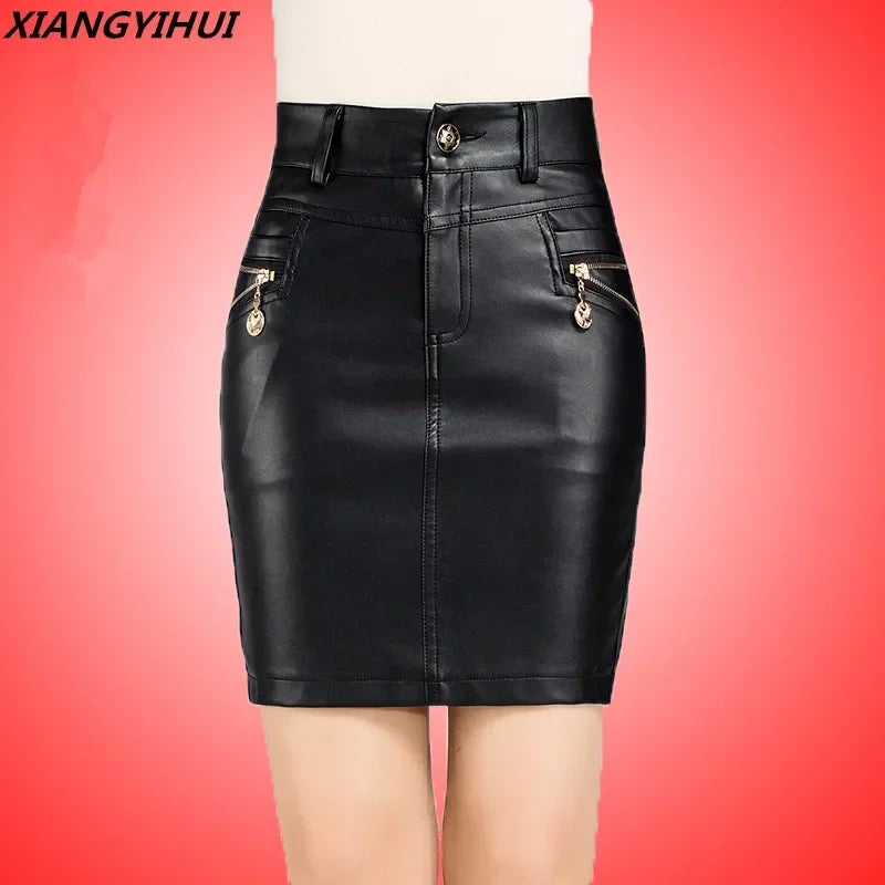 Simplee Sexy high waist PU leather skirt Autumn winter 2017 elegant zipper pocket short women skirt black mini skirt