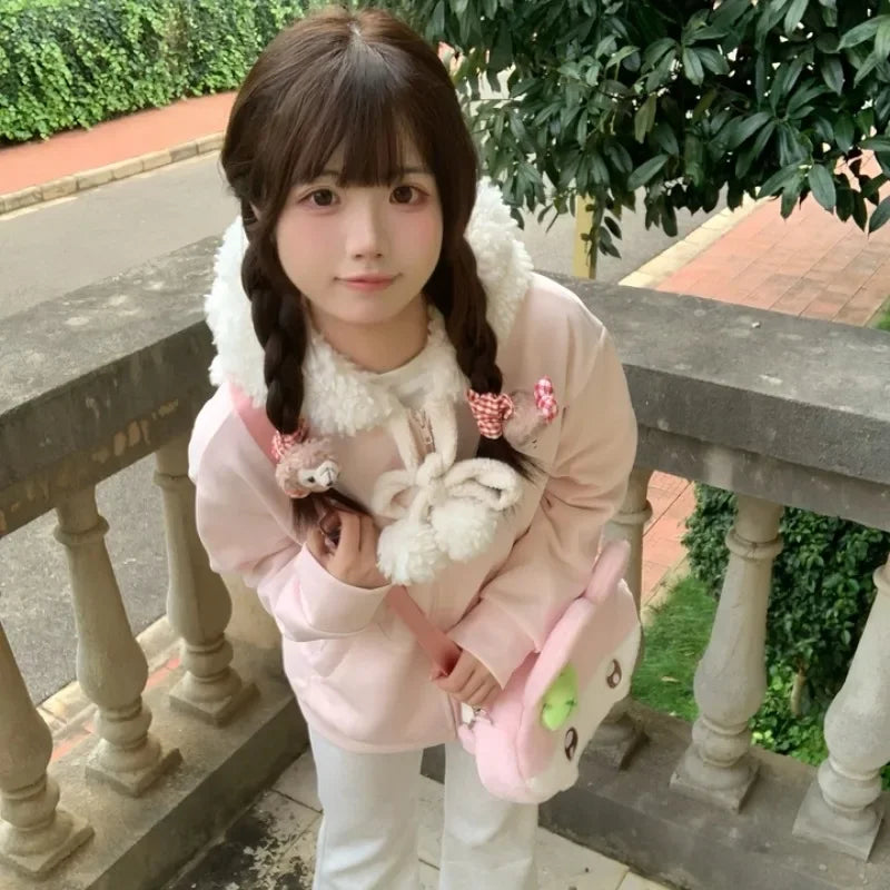 Vintage Kawaii Long Sleeve Loose Coat with Hooded Women Japanese Cute Zipper Sweatshirts Female Casual Y2k Jacket Overcoat Chic Badiee Stylez