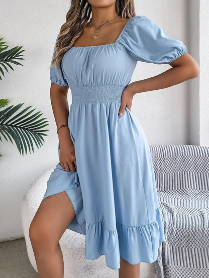 Women's MIidi Dresses 2024 Summer Casual Square Neck Short Sleeved Waist Ruffle Edge Dress Dress Women Elegant Платья Женские Badiee Stylez