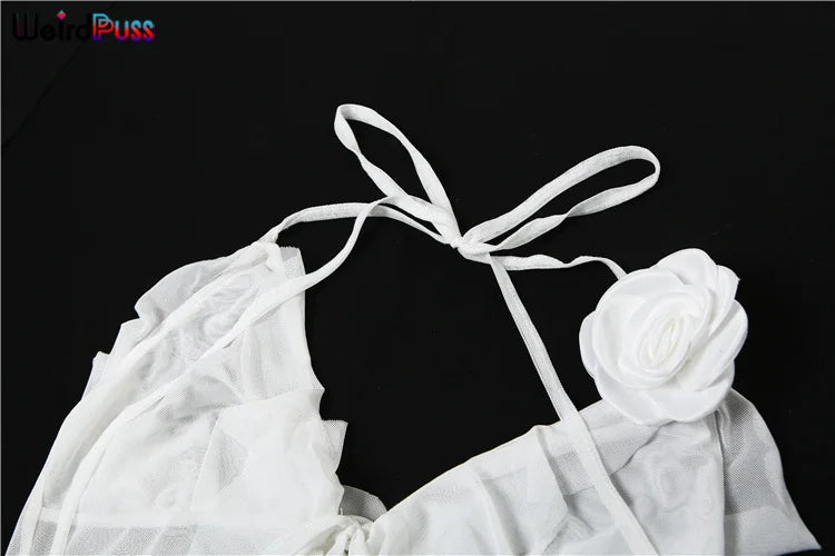 Weird Puss Ruffles Flowers Tank Tops Women Mesh Summer Sexy Deep V-Neck Irregular Tassel Halter Backless Camisole Wild Street