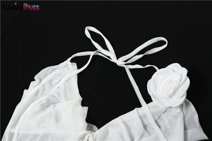 Weird Puss Ruffles Flowers Tank Tops Women Mesh Summer Sexy Deep V-Neck Irregular Tassel Halter Backless Camisole Wild Street