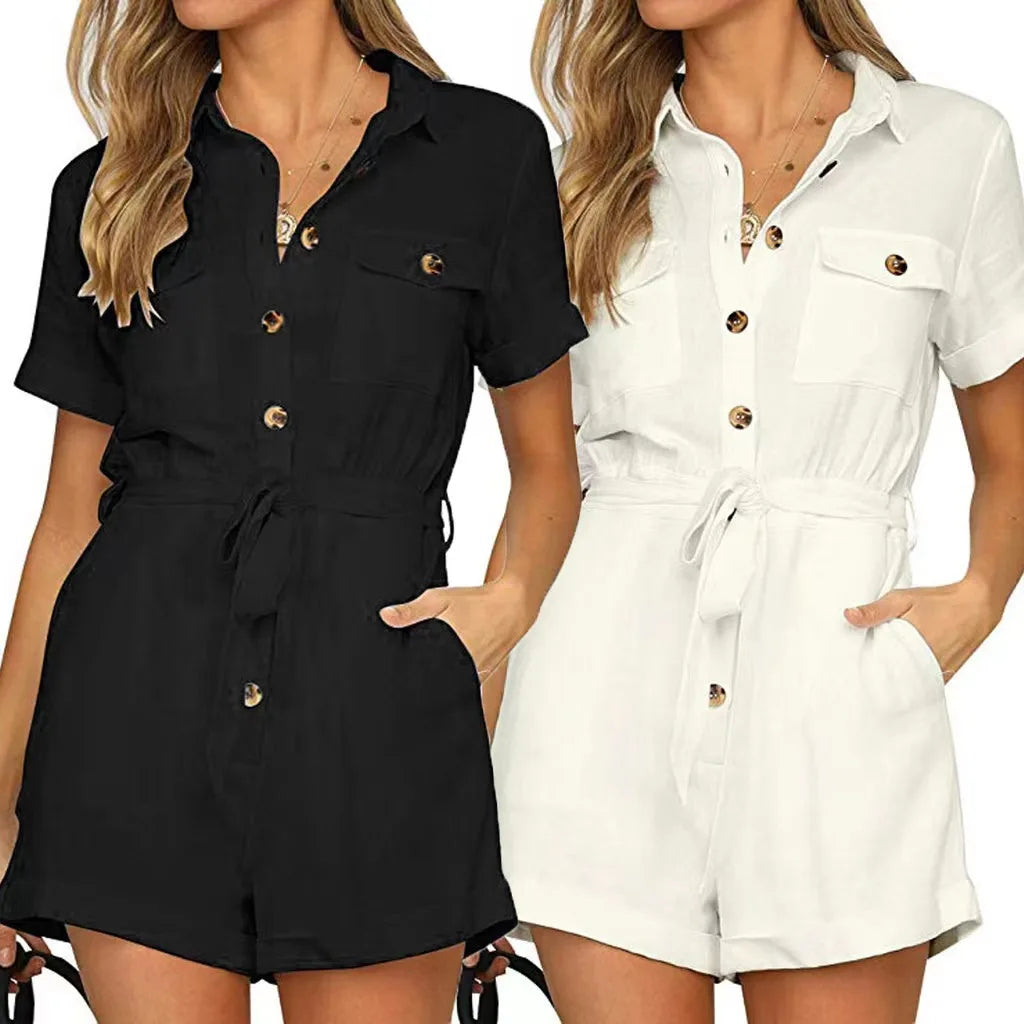Summer New Solid Short Style Jumpsuit For Women Fashion Lapel Single Breasted Lace Up Jumpsuits Elegant Office Lady Commuting