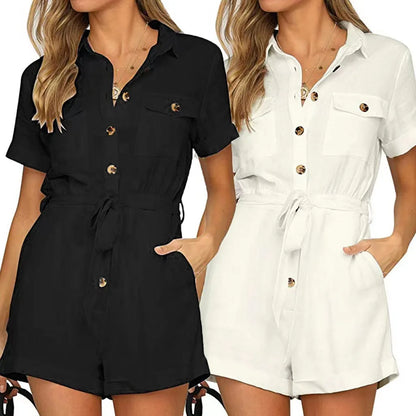 Summer New Solid Short Style Jumpsuit For Women Fashion Lapel Single Breasted Lace Up Jumpsuits Elegant Office Lady Commuting