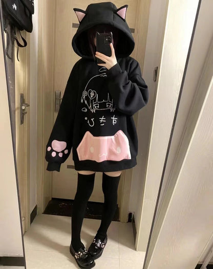 Japanese Cartoon Print Fleece Hoodies Women Harajuku Gothic Cat Ears Hooded Vintage Hoody Streetwear Y2k Aesthetic Sweatshirt