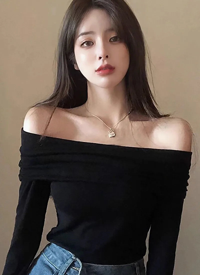 Xpqbb Vintage Slash Neck Pullover Women Korean Fashion Slim Long Sleeve Short Blouses Ladies Sexy Off Shoulder Club Party Tops
