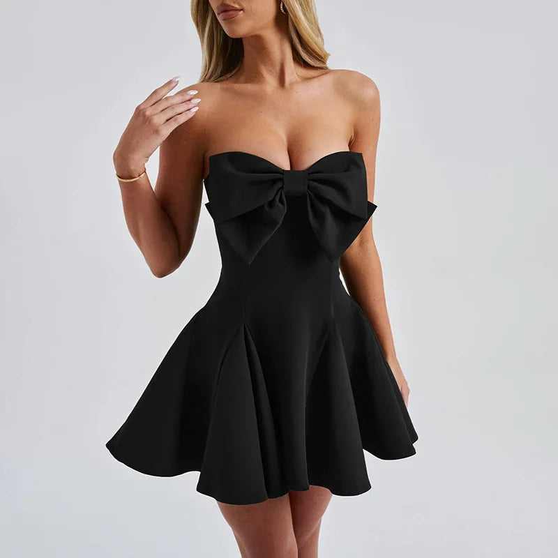 Sexy Strapless Bow Short White Dress Womens Off Shoulder A-line Luxury Black Mini Dresses Elegant Backless Gowns Birthday 2025