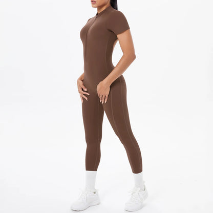 Short Sleeved Fitness Jumpsuit for Woman Bodysuits Backless Solid Color Scrunch One-Piece Suit Half Zipper Gym Yoga Sets Womens