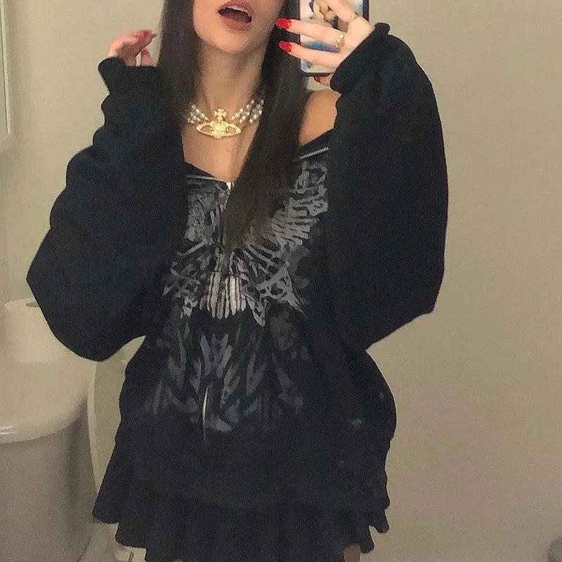Y2K Gothic Butterfly Print Zip Up Women Hoodies 2025 Winter Grunge Skeleton Sweatshirt Casual Hooded Jacket Streetwear Hoodie