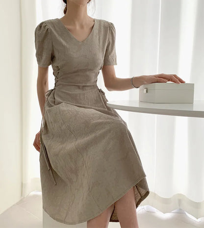 Cotton Linen Dress Long New Hot Sales Woman Short Sleeve Solid Retro Vintage Long Dresses