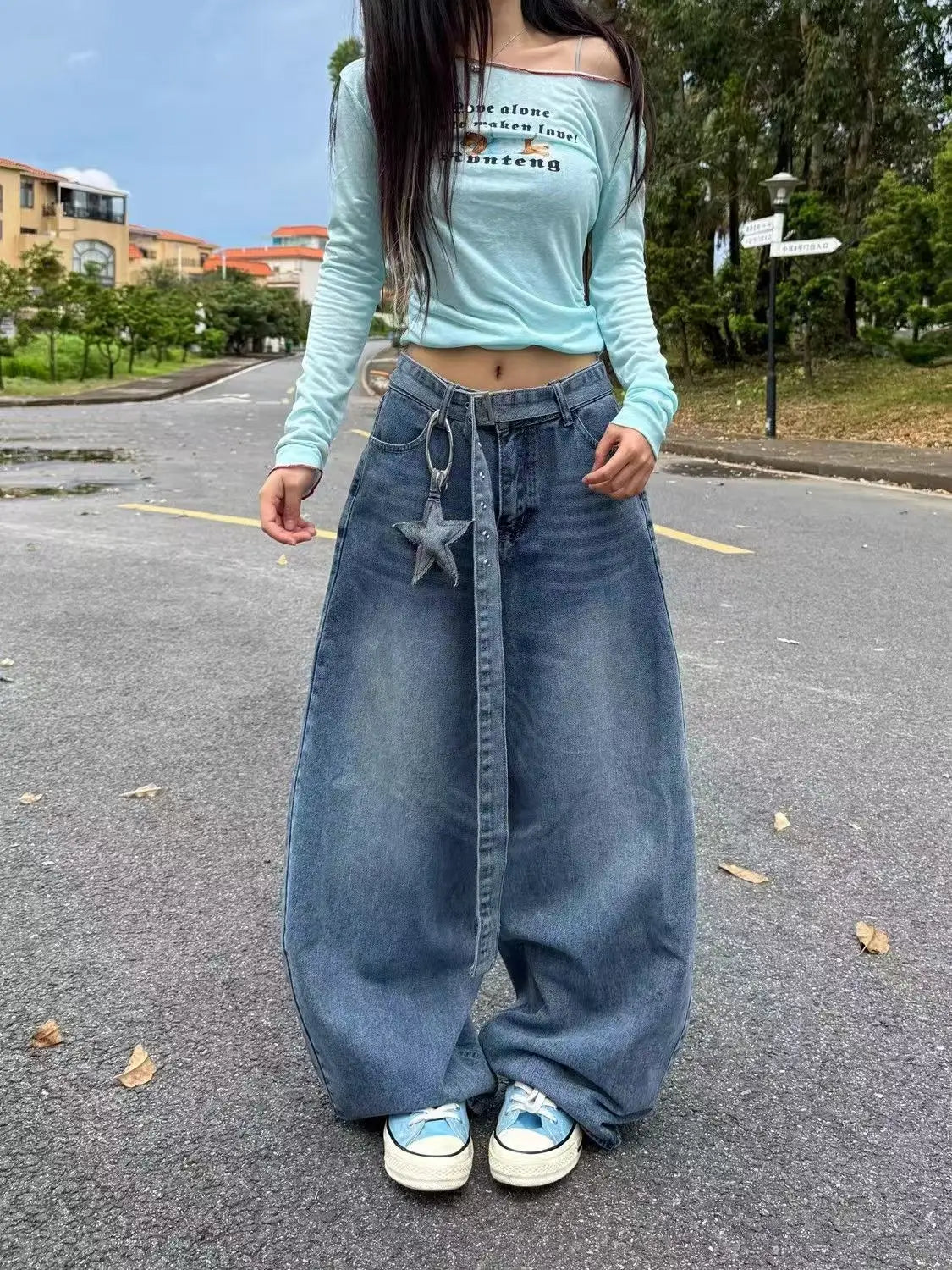 Y2K fashion retro cartoon embroidered women wide-leg jeans casual Harajuku loose pants street personality high-waisted jeans