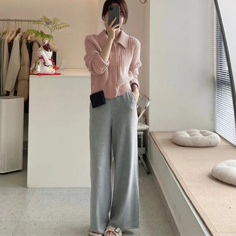 Rimocy Turn Down Knit Cardigan Women Autumn Winter Button Up Solid Color Sweater Coats Woman Long Sleeve Soft Cardigans Ladies