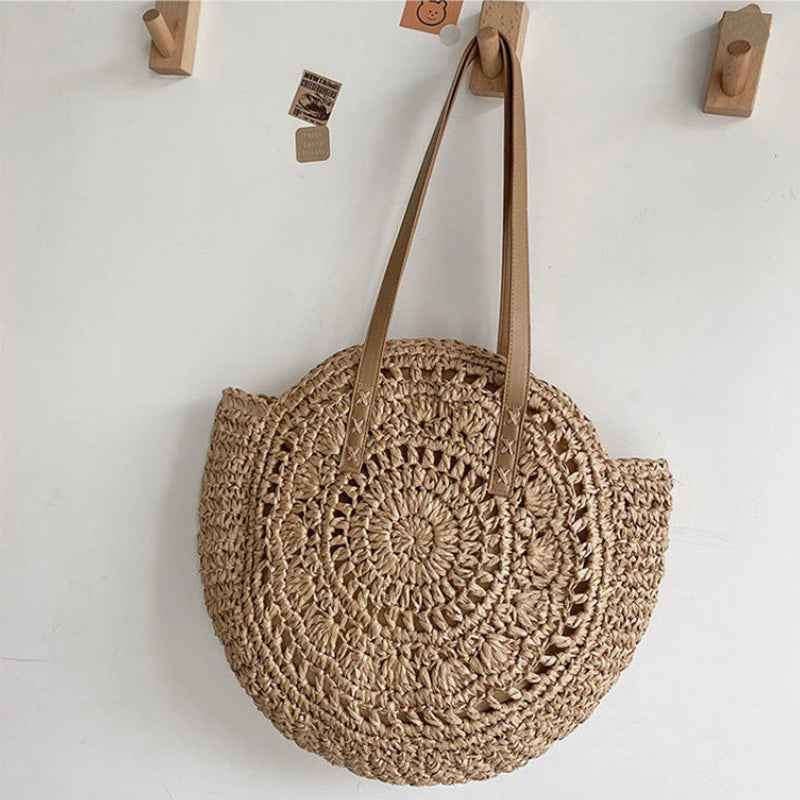 Summer Round Straw Women Vacation Woven Beach Shoulder Bag Large Capacity Hollow Out Simple Tote Bag hollowkhaki