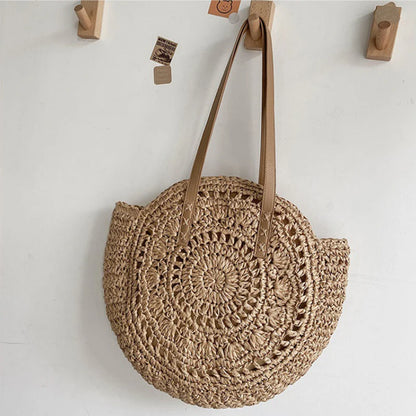 Summer Round Straw Women Vacation Woven Beach Shoulder Bag Large Capacity Hollow Out Simple Tote Bag hollowkhaki