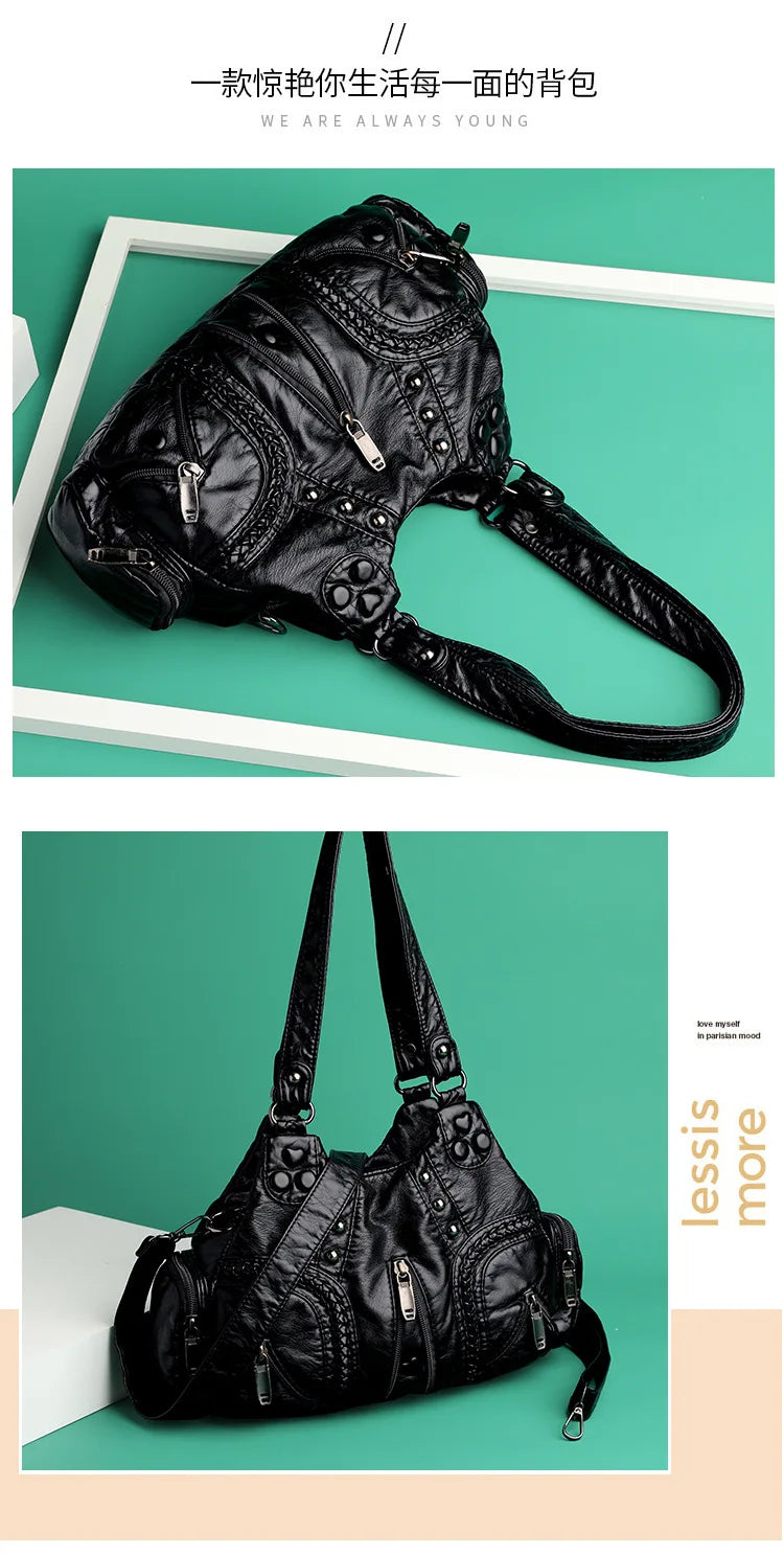 Black Y2k Women Shoulder Bag Vintage Punk Goth Fashion Designer Pu Leather Tote Bag Large Capacity Rivet Motorcycle Handbag